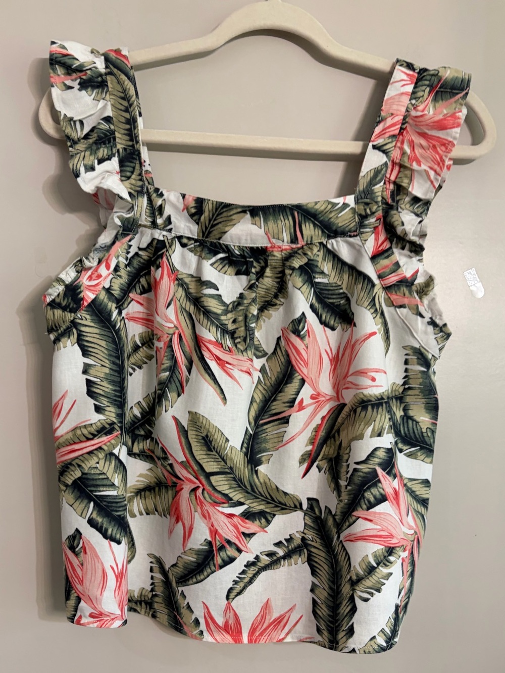 LOFT White Tropical Tank with Pink Floral & Green Leaf Print